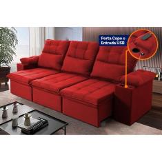 Imagem de Sofá Retrátil Reclinável Verona USB + Porta Copo 2,30m Suede Velut Vermelho c/ Molas no Assento - King House