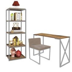 Imagem de Kit Escritório Bex 1 Cadeira Sintético Bege com 1 Mesa e 1 Livreiro Ferro Cinza MDF Carvalho - Ahazzo Móveis