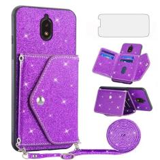 Imagem de Asuwish Capa de telefone para Tracfone BLU View 2 B130DL capa carteira com protetor de tela de vidro temperado e alça transversal cordão Bling Glitter suporte para cartão de crédito Blue View2 BLUView