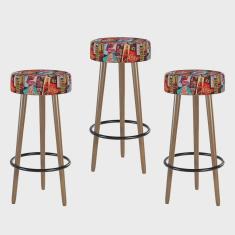 Imagem de Kit 03 Bancos Banquetas Pés Palito Londres Suede Retrô - Salaone