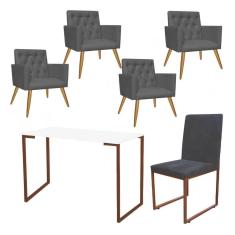 Imagem de Kit Escritório Stan 4 Poltronas Capitonê com Cadeira e Mesa Industrial Branco Bronze Suede Cinza - Ahz Móveis