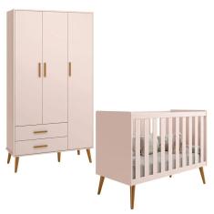 Imagem de Berço Americano 2 em 1 e Guarda Roupa Isis Retrô 3 Portas 2 Gavetas Rosa Fosco - Reller