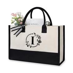 Imagem de TOPDesign Bolsa de praia de lona com inicial personalizada, sacola de presente com monograma para mulheres, Preto e branco, Medium