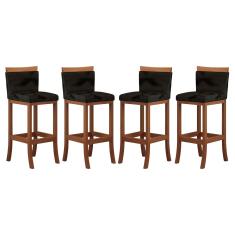 Imagem de Kit 4 Banquetas Média Encosto Estofado 38x92 Cm Paris Madeira Maciça Castanho Suede Preto CCS