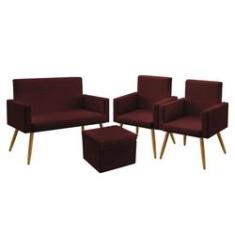 Imagem de Kit Poltrona Namoradeira e 2 Poltronas Decorativas Vega com Puff Quasar Sued Bordô Aradecor