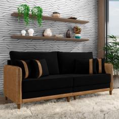 Imagem de Sofá Living Montecarlo 3 Lugares Bipartido 232cm Pés em Madeira Veludo/PU Preto/Caramelo G33 - Gran Belo