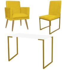 Imagem de Kit Escritório Stan Poltrona Rodapé com Cadeira e Mesa Industrial Branco Dourado Tecido Sintético Amarelo - Ahz Móveis