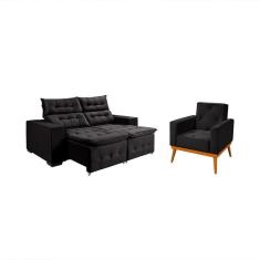 Imagem de Kit Sofá Retratil Reclinável Bari 1,90 Pillow Mais Poltrona Florença Em Veludo Preto Preto