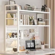 Imagem de Estante de mesa de 2/3 camadas, estante de mesa de metal para mesa de computador, prateleira de mesa de escritório com placa perfurada, prateleira de exibição de bancada para mesa de computador,