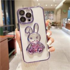 Imagem de Capa de telefone com brilho de areia movediça luxuosa com revestimento quadrado para iPhone 11 12 13 14 Pro Capa de filme de lente máxima para iPhone 14 Plus Capa de coelho, capa com glitter roxo