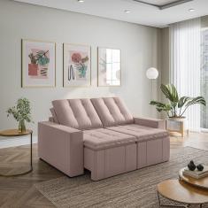 Imagem de Sofá Cama Retrátil e Reclinável 3 Lugares 180cm em Veludo com Molas e Braço Reto Palmeira Cabecasa M Rosa