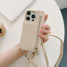 Imagem de Carteira com zíper espelho de maquiagem crossbody cordão capa de telefone para iPhone 14 Pro Max 13 12 11 XR XS 7 8 Plus capa de couro com bolso para cartão, bege, para iPhone14 Pro