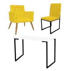 Imagem de Kit Escritório Stan Poltrona Capitonê com Cadeira e Mesa Industrial Branco Preto Corino Amarelo - Ahz Móveis