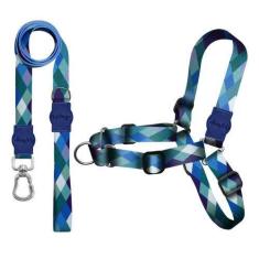 Imagem de Kit Guia Premium + Peitoral Antipuxão Quadriculada Azul Dog Trip Brasi