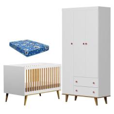 Imagem de Berço Ligia E Guarda Roupa Fernanda 3 Portas Branco Bétula Com Colchão Ortobom - Carolina Baby