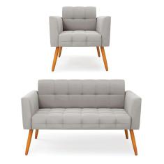 Imagem de Kit 1 Sofá Namoradeira e 1 Poltrona Elisa Veludo Cinza Pés Palito Castanho - D`Rossi