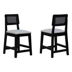 Imagem de Kit 2 Banquetas Baixa-cadeira Gabi Madeira Maciça Encosto Telinha Assento Estofado - Preto Assento Estofado Corano Bege