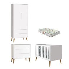 Imagem de Quarto de Bebê 2 Portas e Cômoda Gaveteiro Theo Branco Pés Amadeirados com Colchão Gazin - Reller 