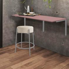 Imagem de Kit Mesa Suspensa de Parede Fixa MDF Rosa + 1 Banqueta Sintra Ferro Prata Linho Bege - Ahazzo Móveis