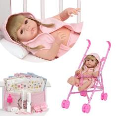 Imagem de Boneca Reborn Bebê Loira Kit Bolsa Acessórios + Carrinho - Cegonha Reb
