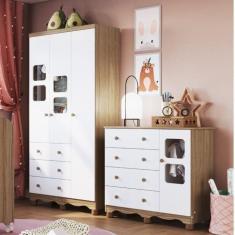 Imagem de Quarto Infantil com Guarda Roupa 3 Portas 3 Gavetas e Cômoda 1 Porta 4 Gavetas Mimo Espresso Móveis Branco Brilho/Carvalho
