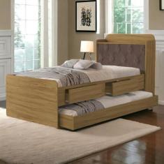 Imagem de Cama Tamires Baú Freijó com Auxiliar e Capitonê Nogal - VJ Móveis