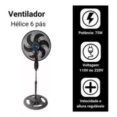 Imagem de Ventilador Chão Alto E Potente Preto Com 6 Pás De Plastico, 48 Cm De D