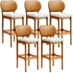 Imagem de Kit 5 Banquetas Alta Bar Cozinha Jantar Betta L02 Imbuia Couríssimo Whisky Linho Cru - Lyam Decor