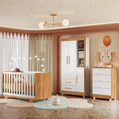Imagem de Quarto de Bebê Completo 100% MDF com Cômoda Berço e Guarda Roupa 1 MDF Nina Branco/Amadeirado