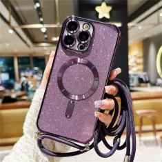 Imagem de Capa magnética de cordão crossbody com glitter para iPhone 15 14 Plus 13 12 11 Pro Max capa traseira de TPU macio galvanizado, roxo escuro, para iphone 14