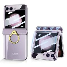 Imagem de Furwabo Capa transparente para Samsung Galaxy Z Flip 5 com proteção magnética para dobradiça e suporte de anel e protetor de tela externo, capa transparente galvanizada à prova de choque para Samsung