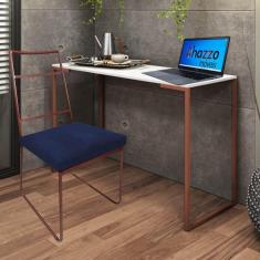 Imagem de Kit Escritório Stark Cadeira e Mesa Industrial Ferro Bronze Tampo MDF Branco Suede Azul Marinho - Ahz Móveis