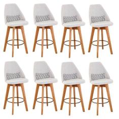 Imagem de Kit 08 Banquetas Alta Maya Giratória Com Encosto Linho Bege Claro e Almofada Zigzag - Aurora Line