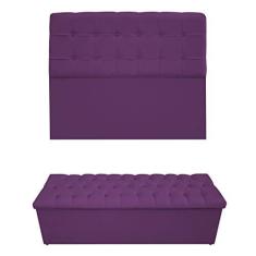 Imagem de Kit Cabeceira Estofada Mel Cama Box Casal 140 cm mais Calçadeira Baú Mel com Capitonê Suede Roxo para Quarto - AM Decor