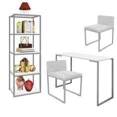 Imagem de Kit Escritório Ravi 2 Cadeiras Suede Branco com 1 Mesa e 1 Livreiro Ferro Cinza MDF Branco - Ahazzo Móveis