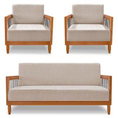 Imagem de Kit 2 Poltronas e Sofá Living 2 Lugares Marilia 1,60m Linho Base em Madeira Castanho - Pallazio