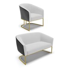 Imagem de Namoradeira e Poltrona Industrial Dourado Stella Pto/Linho Cinza D03 - D`Rossi