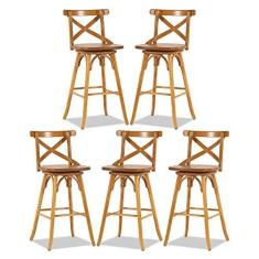 Imagem de Kit 5 Banquetas Alta Espanha Giratória com Encosto em Madeira Maciça Mel RMI