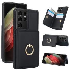 Imagem de Capa carteira para Samsung Galaxy S21 Ultra com suporte para cartão, capa de couro com bloqueio RFID, suporte de anel giratório de 360° com fecho magnético à prova de choque para Samsung S21 Ultra de