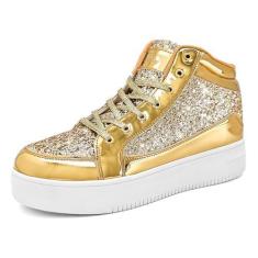 Imagem de IGxx Tênis feminino com glitter, preto, cano alto, brilhante, brilhante, elegante, lantejoulas, metálicos, discoteca, festa, casamento, fantasia, Dourado, 37