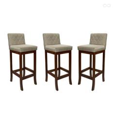 Imagem de Kit 3 Banquetas Média com Encosto Matelassê Tóquio Madeira Maciça Suede Bege CCS