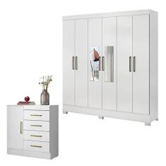 Imagem de Cômoda Montevidéu e Guarda Roupa Casal Prático Branco com Espelho - Demóbile