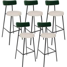Imagem de Kit 05 Banquetas Alta Bar Cozinha Sala De Jantar Milão L02 Facto Verde Musgo Linho Cru - Lyam Decor