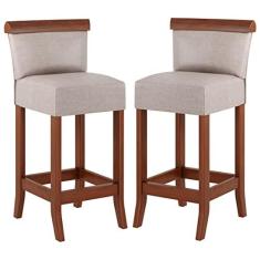 Imagem de Kit 2 Banquetas Média Estofada Encosto Diamantina 36x90Cm Balcão Madeira Maciça Linho Bege M58 - RMI