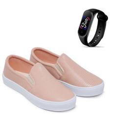 Imagem de Kit Tênis Casual Feminino Macio Legítimo Slip On Iate + Relógio Touch