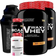 Imagem de Kit 2x Whey Protein Waxy Whey 900g + Bio Colagen II 200g + BCAA 100g + 2x Coqueteleira - Bodybuilders (Cappuccino e Paçoca)