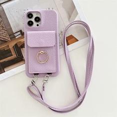 Imagem de Carteira com Alça de Pescoço Transversal Capa de Cartão para iPhone 14 13 12 11 Pro Max Mini X XS XR 7 8 Plus Capa de Couro, Grama Roxa, para iPhone 13