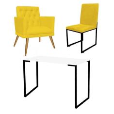 Imagem de Kit Escritório Stan Poltrona Maria com Cadeira e Mesa Industrial Branco Preto Tecido Sintético Amarelo - Ahz Móveis