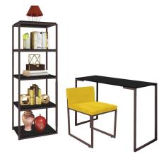 Imagem de Kit Escritório Ravi 1 Cadeira Suede Amarelo com 1 Mesa e 1 Livreiro Ferro Marrom MDF Preto - Ahazzo Móveis