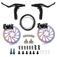 Imagem de BUCKLOS Kit de freio a disco de mountain bike, pinça de freio a disco de tração de linha mecânica MTB com alavancas de liga de alumínio/rotor de 160 mm, adaptador universal para Ebike/bicicleta